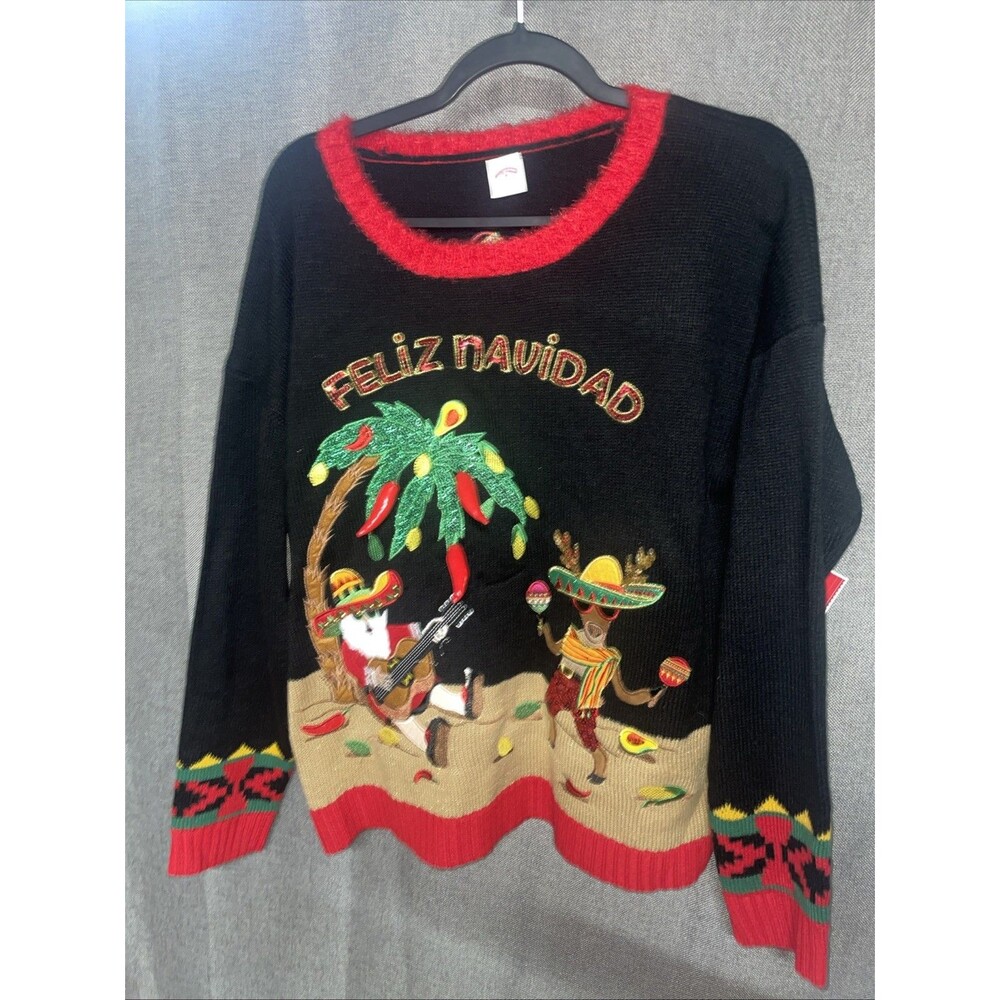 Womens Holiday Time Christmas Ugly Sweater Santa Donkey Jalapeño Tree size L